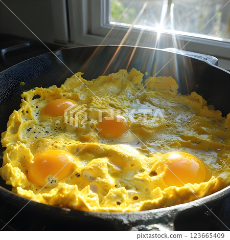 Sunlit Scramble: Fluffy Scrambled Eggs Illuminated in a Cast Iron Pan Sunlit Scramble: Fluffy Scrambled Eggs Illuminated in a Cast Iron Pan 123665409