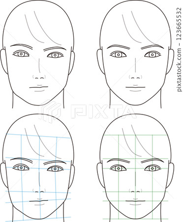 一名男子的臉部正面圖。對稱的臉和扭曲的臉。 123665532