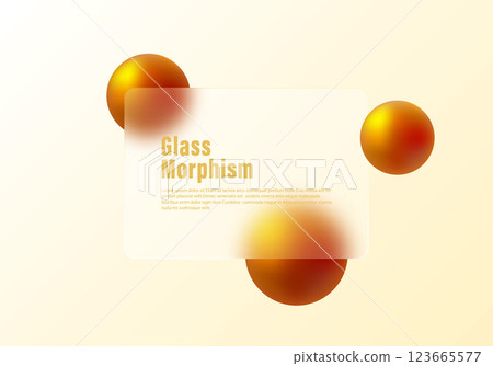 Glass morphism website landing page template. Gradient background with glass panel in the center and floating spheres. 123665577