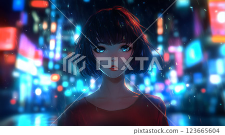 Illustration of a woman standing in a neon-lit street (generated AI image) 123665604