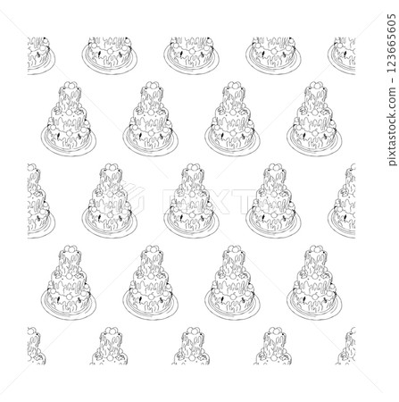 Multilayer cake with icing. Doodle style. Vector illustration. Seamless pattern. 123665605