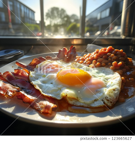 Morning Feast: Traditional English Breakfast Under Sunlit Warmth Morning Feast: Traditional English Breakfast Under Sunlit Warmth 123665627