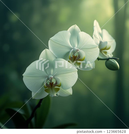 Orchid Elegance Amidst Glowing Green Serenity 123665628