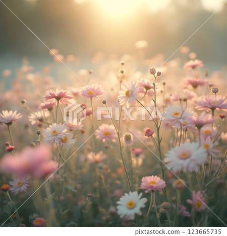 Field of Flowers Bathed in Soft Sunlight Field of Flowers Bathed in Soft Sunlight 123665735