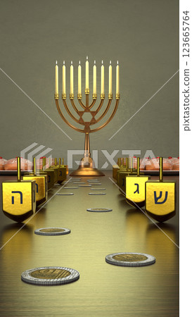 Jewish holiday Hanukkah, Hanukkiah and dreidels, vertical 3d illustration Jewish holiday Hanukkah, Hanukkiah and dreidels, vertical 3d illustration 123665764