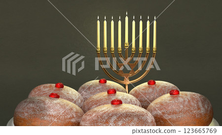 Traditional Hanukkah symbols, Hanukkah menorah and Jewish donuts sufganiyah Traditional Hanukkah symbols, Hanukkah menorah and Jewish donuts sufganiyah 123665769