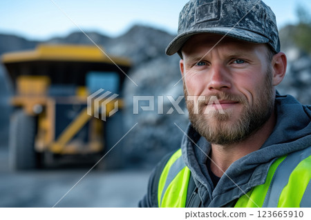 Portrait of a male miner standing in front of a mining truck 123665910