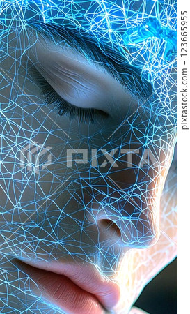 Serene man merges seamlessly with digital technology, calm expression of man highlights futuristic connection, visuals ideal for digital innovation, emphasizing man role in tech evolution. 123665955