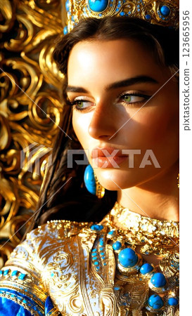 oman expresses mystical beauty with ancient Egyptian jewelry, captivating woman gaze enhances jewelry brilliance, imagery ideal for spiritual fashion branding or sophisticated cultural projects. 123665956