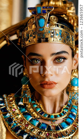 Egyptian woman captures Egyptian royalty essence through exquisite fashion crown, mesmerizing Egyptian gaze ideal for elegant visual storytelling, rich Egyptian historical fashion allure. 123665957