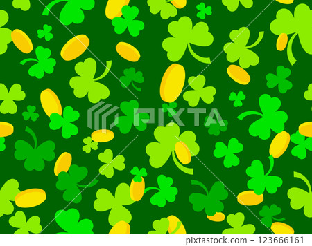 Clover leaves and golden coins seamless pattern for St. Patrick's Day. Shamrock clover is a symbol of good luck. Design for covers, wrappers, wallpapers and banners. Vector illustration 123666161