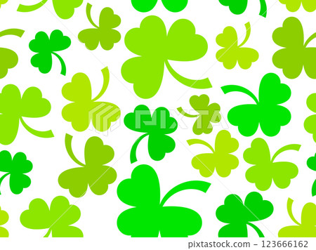 Green clover leaves seamless pattern for St. Patrick's Day. Shamrock clover is a symbol of good luck. Design for promotional products, postcards and printed publications. Vector illustration Green clover leaves seamless pattern for St. Patrick's Day. Shamrock clover is a symbol of good luck. Design for promotional products, postcards and printed publications. Vector illustration 123666162