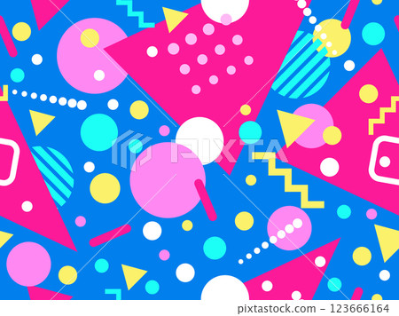 Geometric seamless pattern with memphis elements in 80s style. Colorful geometric pattern. Design of promotional products, wrapping paper and printing. Vector illustration 123666164