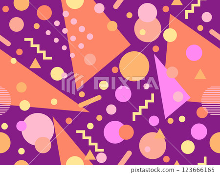 Geometric seamless pattern with memphis elements in 80s style. Colorful geometric pattern. Design of promotional products, wrapping paper and printing. Vector illustration 123666165