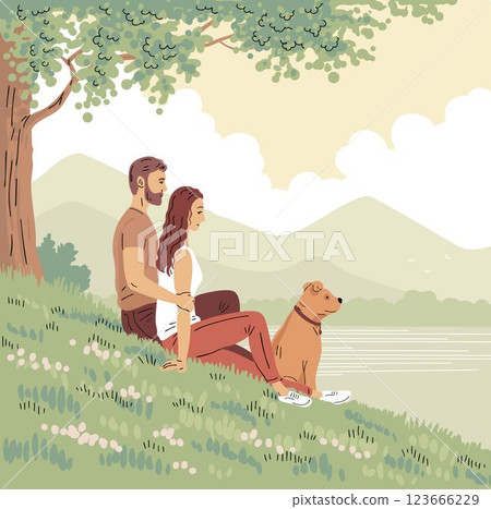 A young man and woman with a dog are resting in nature 123666229