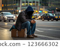 A homeless man sits on the street of a big city, generative ai 123666302