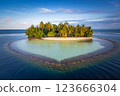 A small paradise island with palm trees and a beach on the ocean, generative ai 123666304