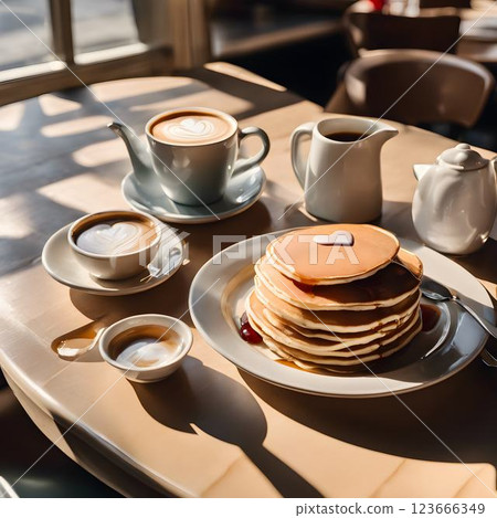Sunlit Cafe Morning Pancakes, Maple Syrup, and a Latte with Heart Foam 123666349