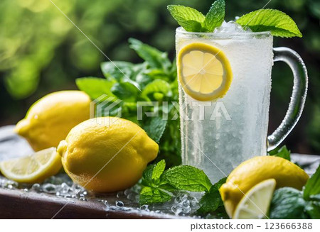 Chilled Lemonade and Fresh Mint in a Garden, Surrounded by Fresh Dewy Lemons 123666388