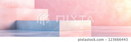 Ultra-smooth concrete surface adorned with a subtle holographic glow creates an inviting luxury space. The soft pastel tones enhance the modern aesthetic, perfect for branding 123666443