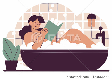 Young woman taking bath and reading book, vector illustration, relaxing moment, self-care time 123666468