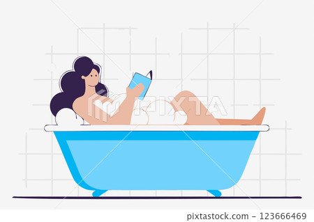 Young woman taking bath and reading book, vector illustration, relaxing moment, self-care time 123666469