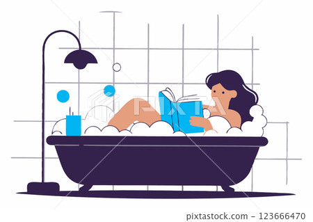 Young woman taking bath and reading book, vector illustration, relaxing moment, self-care time 123666470