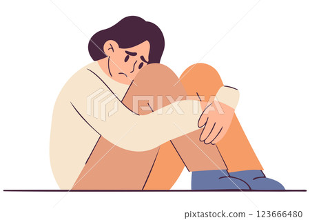 Sad guy sitting alone in depression, mental health, introspective moment, vulnerable pose Sad guy sitting alone in depression, mental health, introspective moment, vulnerable pose 123666480