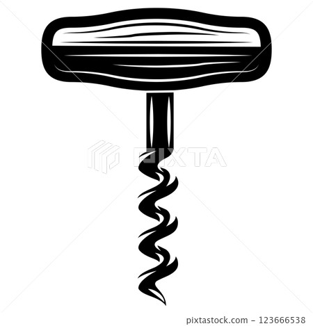 Black and White Corkscrew Illustration with Detailed Spiral and Wooden Handle Design 123666538