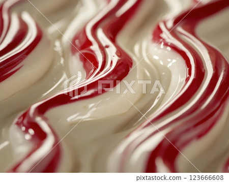 Close Up Of Wavy White Frosting With Red Stripes Forming An Abstract Pattern 123666608