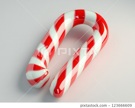 Close Up Studio Shot Of A Shiny Red And White Striped Candy Cane On White Background 123666609