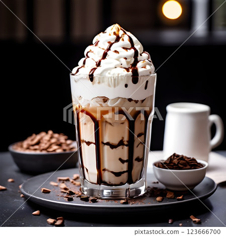 Indulgent Frost: Iced Coffee with Whipped Cream and Chocolate Drizzle in a Minimalist Cafe Indulgent Frost: Iced Coffee with Whipped Cream and Chocolate Drizzle in a Minimalist Cafe 123666700