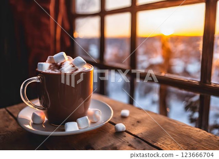 Warm Hot Chocolate with Marshmallows, Watching a Snowy Sunset Through the Window 123666704