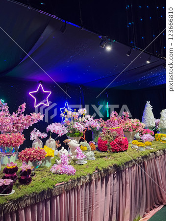 Cakes and pastries made from flowers for holiday table decoration Cakes and pastries made from flowers for holiday table decoration 123666810