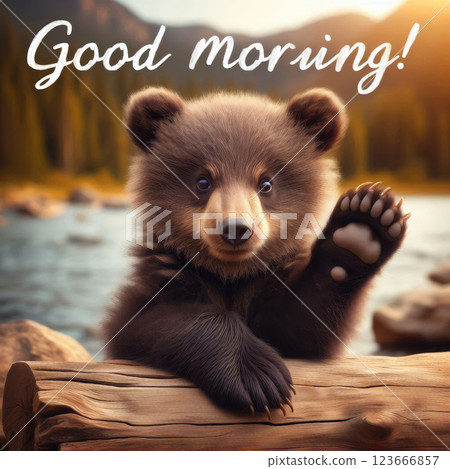 Teddy bear waving his paw and the inscription Good Morning. Illustration design for fashion graphics and prints on t-shirts. 123666857