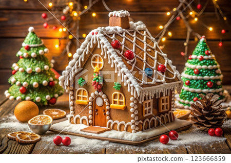 Gingerbread house decorated with colorful candies Gingerbread house decorated with colorful candies 123666859