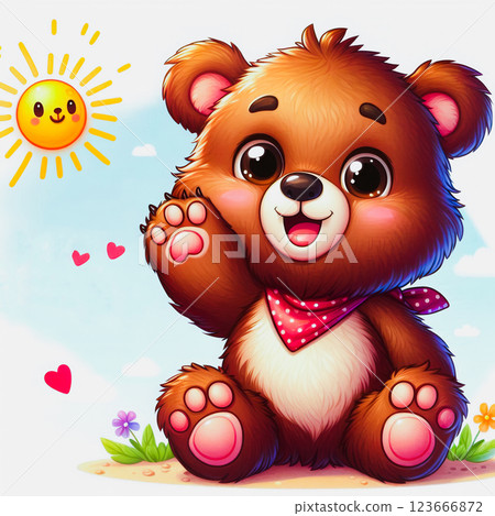 Teddy bear waving his paw and the inscription Good Morning. Illustration design for fashion graphics and prints on t-shirts. 123666872