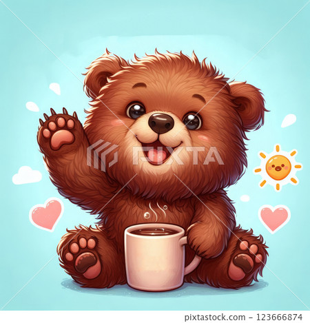 Teddy bear waving his paw and the inscription Good Morning. Illustration design for fashion graphics and prints on t-shirts. 123666874