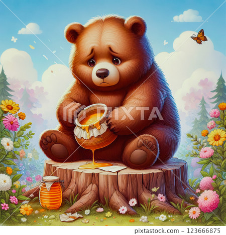 Teddy bear waving his paw and the inscription Good Morning. Illustration design for fashion graphics and prints on t-shirts. 123666875