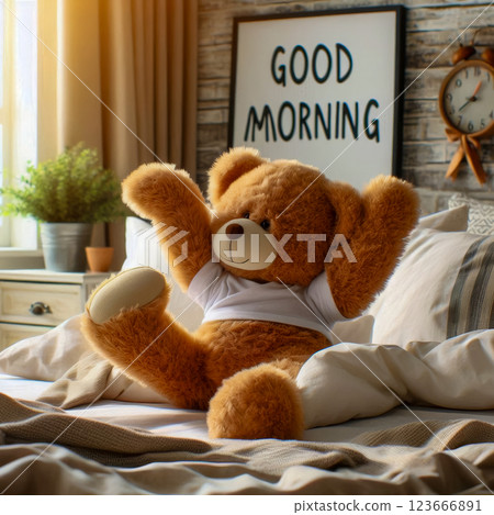 Teddy bear waving his paw and the inscription Good Morning. Illustration design for fashion graphics and prints on t-shirts. Teddy bear waving his paw and the inscription Good Morning. Illustration design for fashion graphics and prints on t-shirts. 123666891