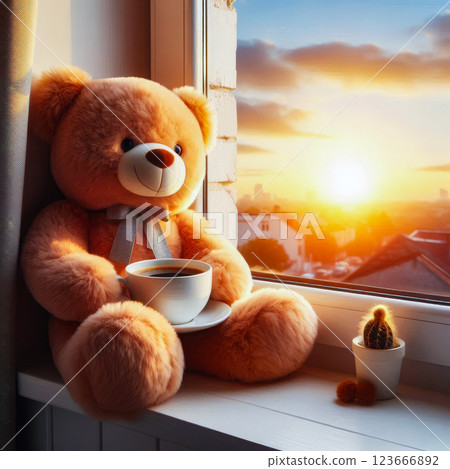The bear cub sits on the windowsill with a large cup and looks at the sunrise. 123666892