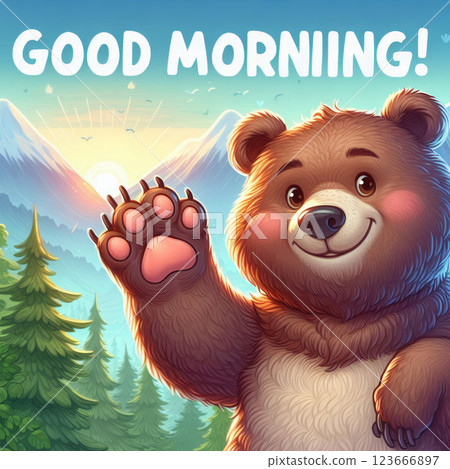 Teddy bear waving his paw and the inscription Good Morning. Illustration design for fashion graphics and prints on t-shirts. Teddy bear waving his paw and the inscription Good Morning. Illustration design for fashion graphics and prints on t-shirts. 123666897