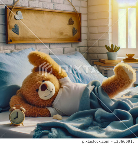 The little bear cub woke up and is cuddling in bed in the apartment 123666913