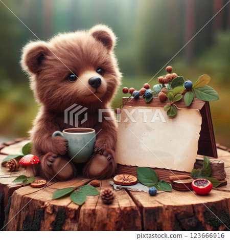 A little bear cub sits with a cup in his hands on a large stump in the forest. There is a sign nearby for an inscription. A little bear cub sits with a cup in his hands on a large stump in the forest. There is a sign nearby for an inscription. 123666916