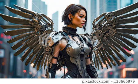 Beautiful droid girl with mechanical wings in cyberpunk and science fiction style. Beautiful droid girl with mechanical wings in cyberpunk and science fiction style. 123666979