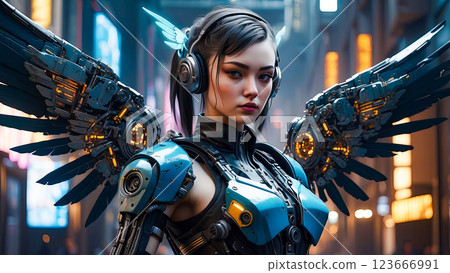 Beautiful droid girl with mechanical wings in cyberpunk and science fiction style. 123666991