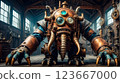 Steampunk style. Industrial mechanical monster made of metal and leather. Supernatural being. 123667000