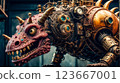 Steampunk style. Industrial mechanical monster made of metal and leather. Supernatural being. 123667001