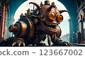 Steampunk style. Industrial mechanical monster made of metal and leather. Supernatural being. 123667002