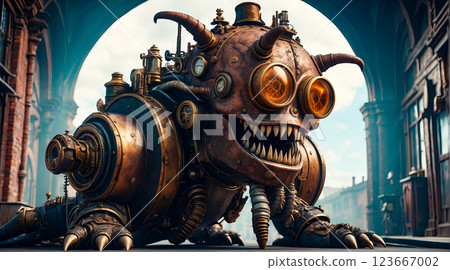 Steampunk style. Industrial mechanical monster made of metal and leather. Supernatural being. Steampunk style. Industrial mechanical monster made of metal and leather. Supernatural being. 123667002